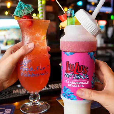 Lulu's Bait Shack souvenir squeeze bottles filled with frozen cocktails